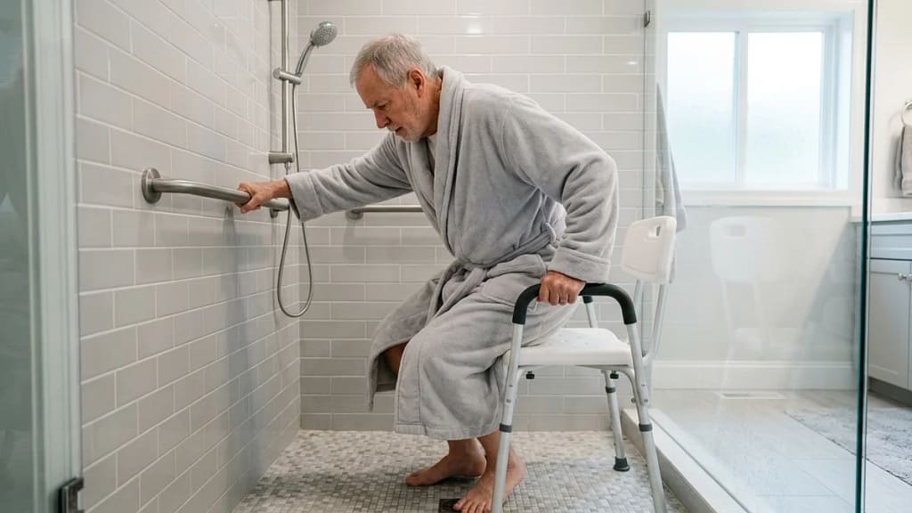 An older man gripping a wall grab bar as he lowers himself onto a shower chair.