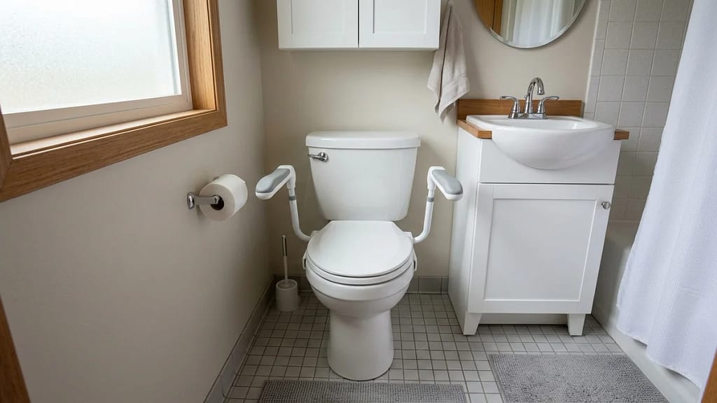 Toilet-mounted safety frame with armrests attached directly to a toilet, no floor-standing legs