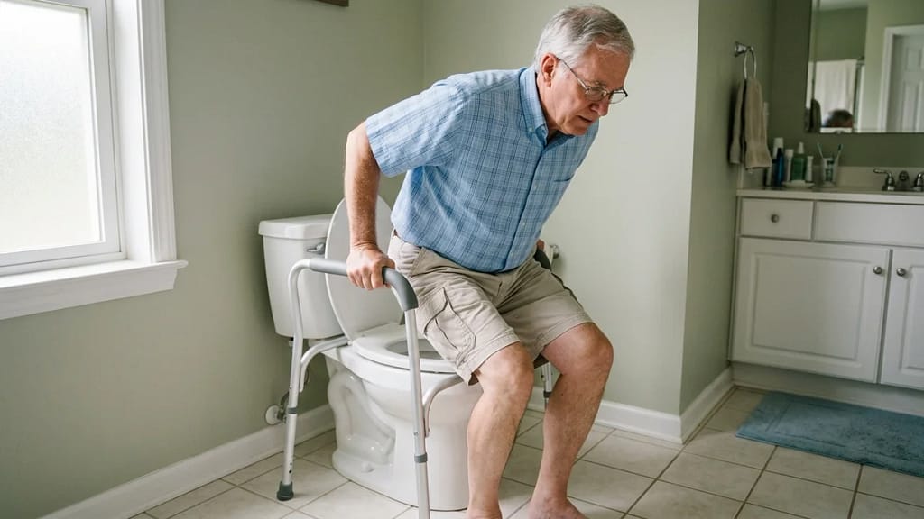 Freestanding toilet safety frame installed around a toilet, illustrating how to install a toilet safety frame in a home bathroom
