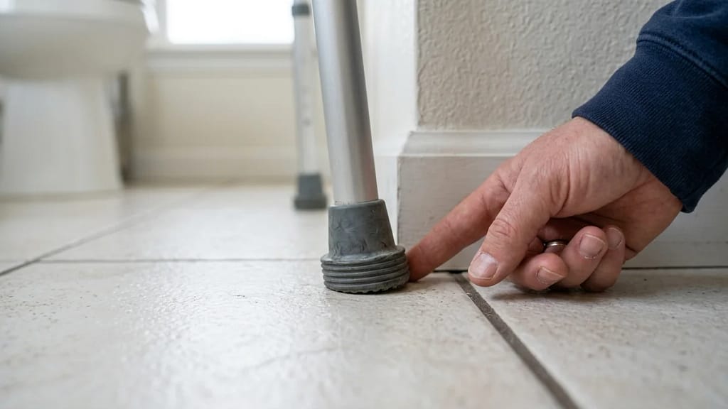 Close-up of a hand checking the rubber foot contact of a toilet safety frame leg on a tiled bathroom floor