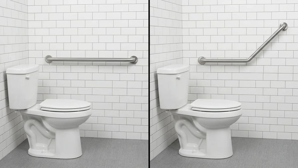 angled grab bars vs straight grab bars comparison showing a straight grab bar and an angled grab bar mounted in the same location beside a toilet