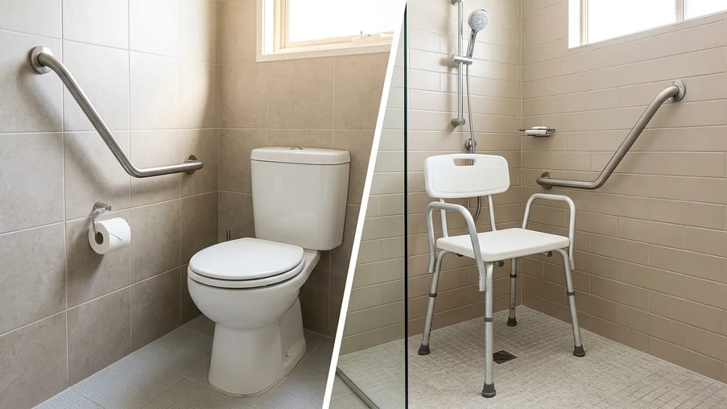 Angled grab bars mounted beside a toilet and beside a portable shower chair, showing where their angled shape assists sit-to-stand movement