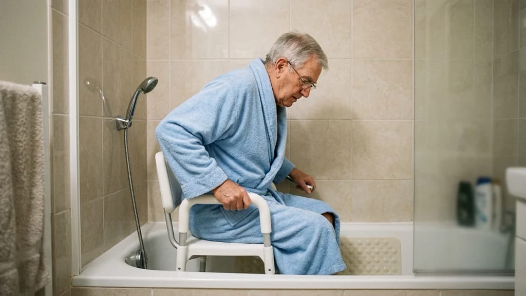 Can you use a shower chair in a bathtub? A senior man in a bathrobe sitting safely on one, gripping the armrest for support.