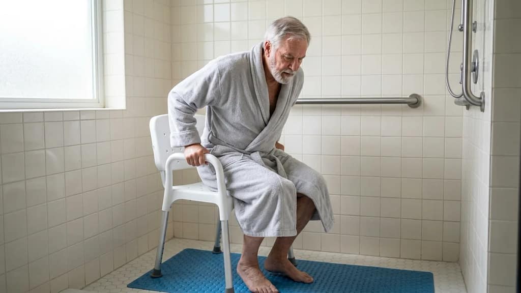Older man using the armrests of a shower chair to push himself up to a standing position