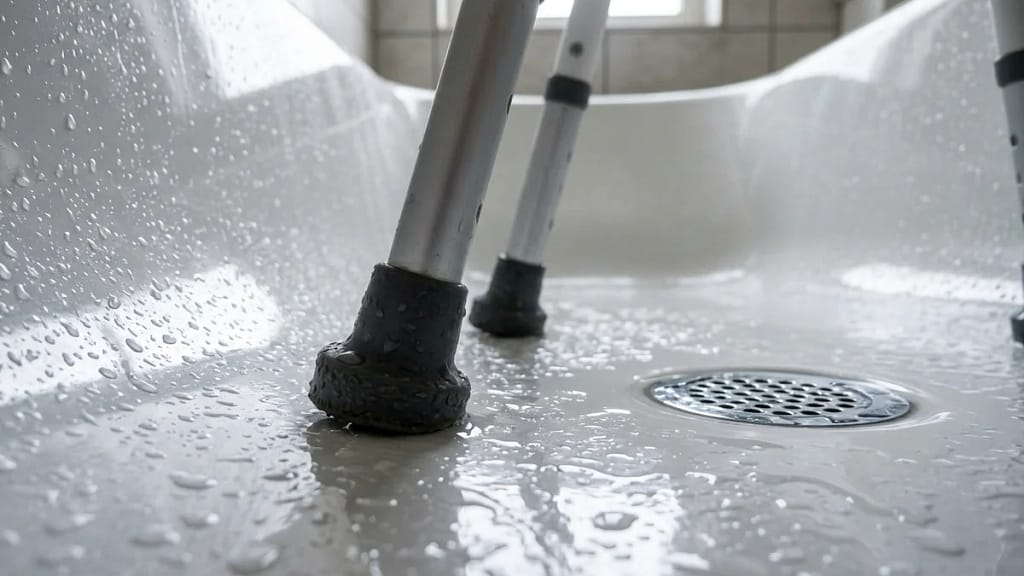 Close-up of a shower chair's rubber-tipped legs resting on a wet, curved bathtub floor near the drain.
