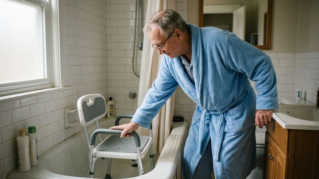 A senior man in a bathrobe pressing down on an empty shower chair's seat to test its stability before getting into the bathtub.