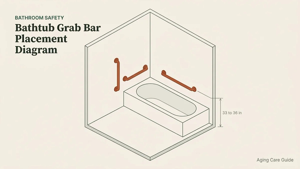 Bathtub grab bar layout with an entry support bar, a vertical transition bar, and an inside wall balance bar