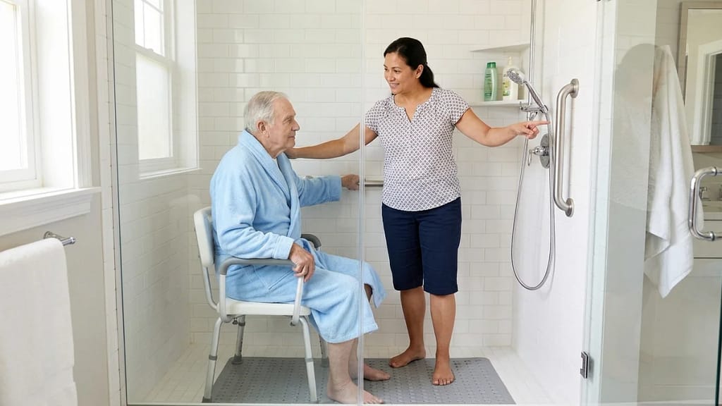 A caregiver standing beside a senior seated on a shower chair, offering support during a shower safety routine
