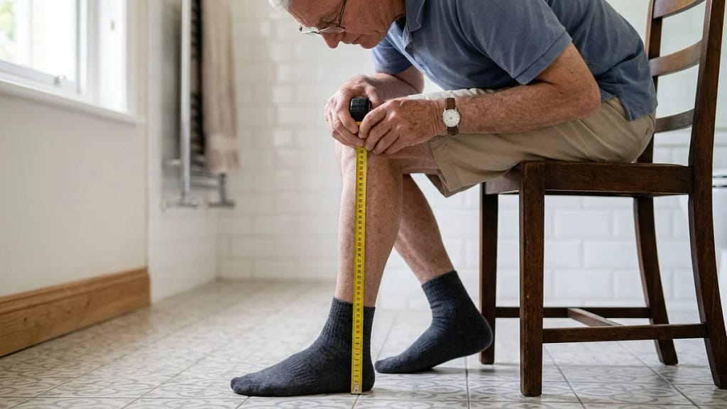 Senior man measuring the distance from his knee to the floor with a tape measure while seated on a chair