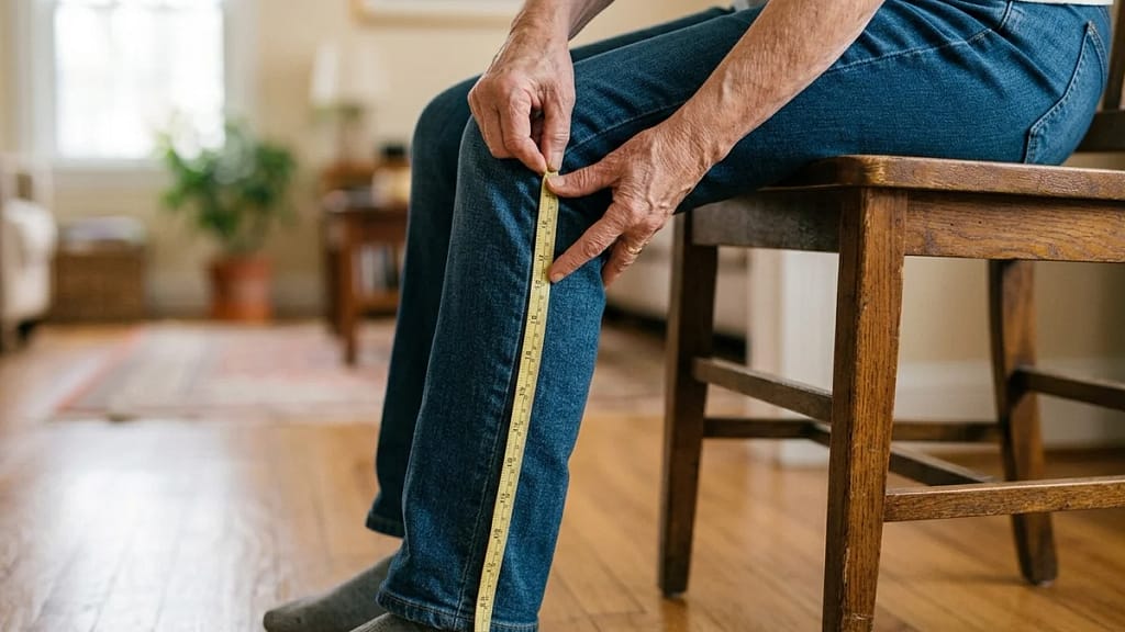 Senior person measuring from the knee to the floor with a tape measure to find the right shower chair seat height.