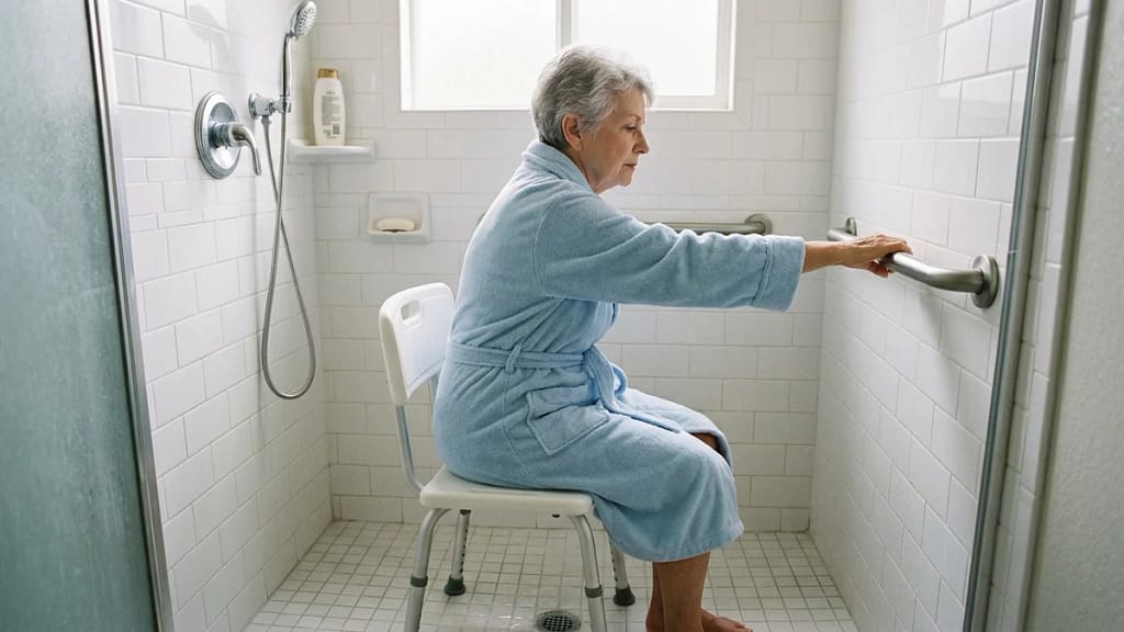 Senior woman in a bathrobe reaching for a wall-mounted grab bar while seated on a shower chair inside a tiled shower