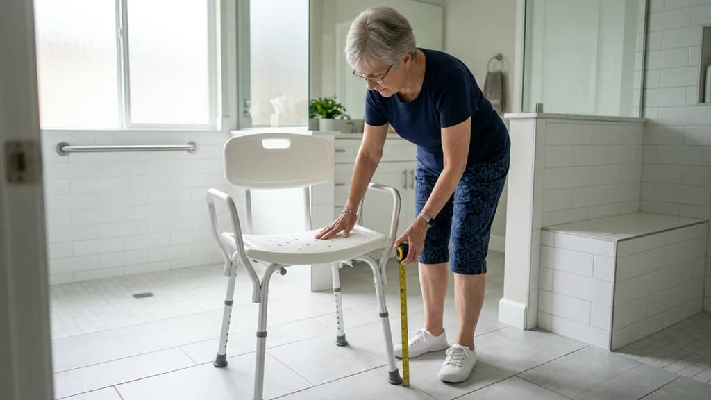 Senior woman measuring the height of a portable shower chair with a tape measure, following a shower chair height guide