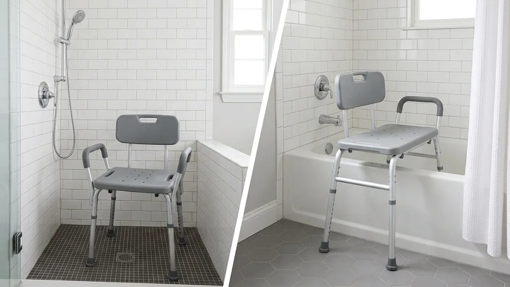 Side-by-side comparison of a shower chair and a transfer bench, illustrating the shower chair vs transfer bench decision for a home bathroom