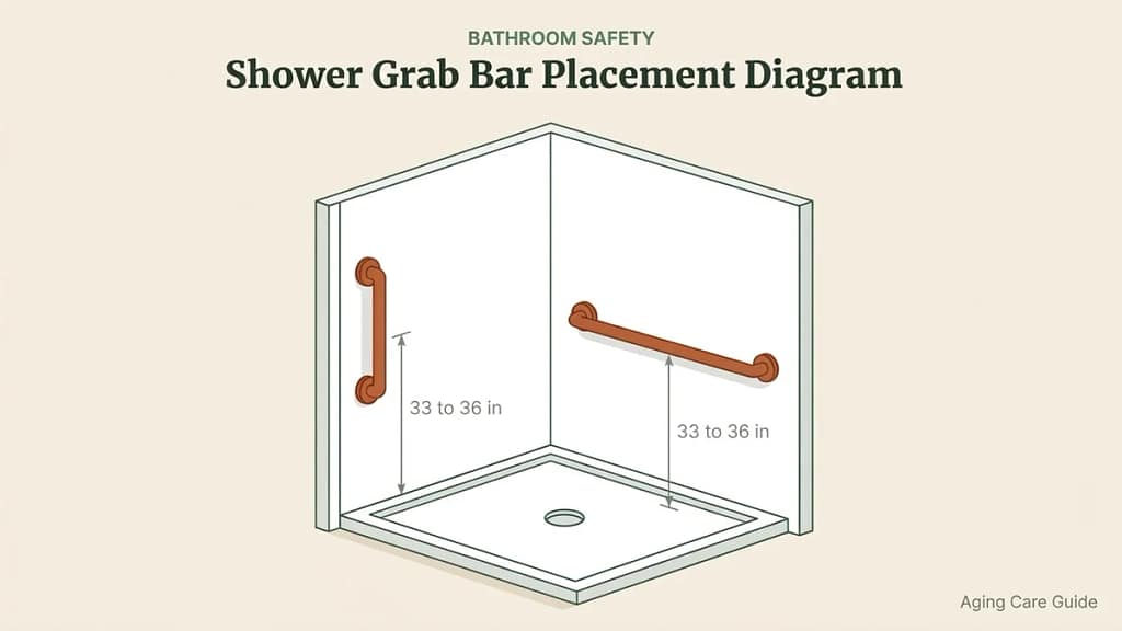Shower grab bar layout with a vertical entrance support bar and a horizontal side wall balance bar