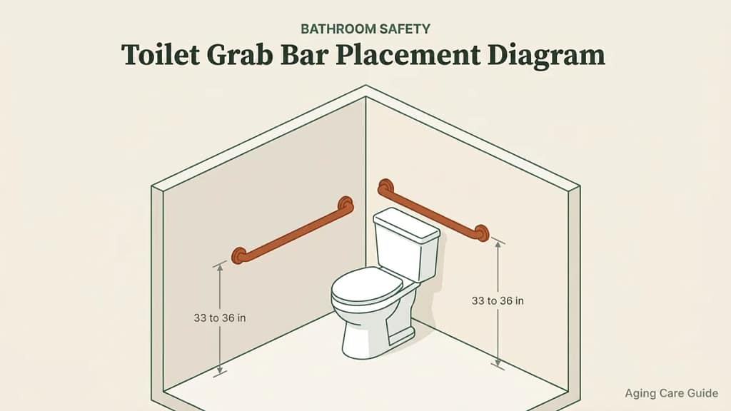 Toilet grab bar layout with a side wall support bar and a rear support bar within reach of the toilet