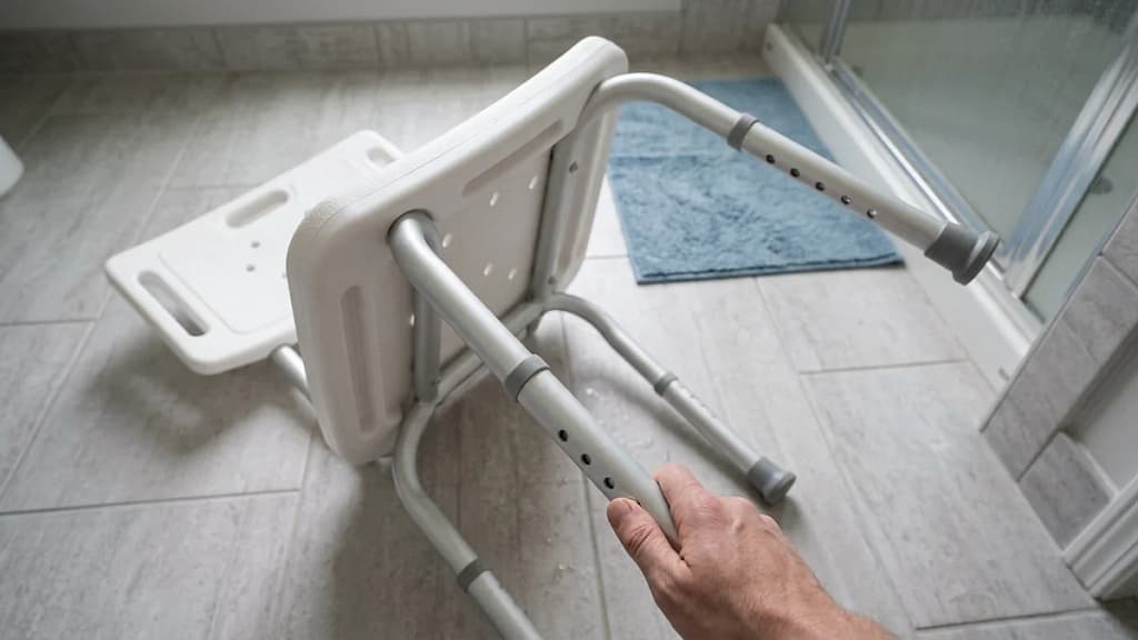 Hand gripping the aluminum leg of an adjustable shower chair turned on its side, with the adjustment holes visible