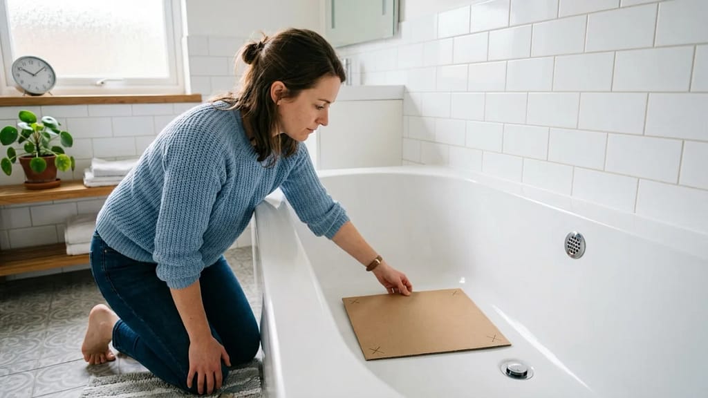 Woman kneeling beside a bathtub and setting a cardboard cutout with leg marks on the tub floor to test the fit
