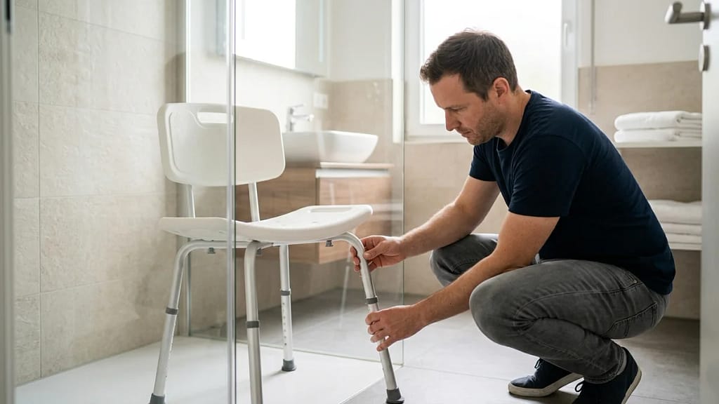How to adjust shower chair height: a person crouching beside a white shower chair and holding one leg in a bright bathroom