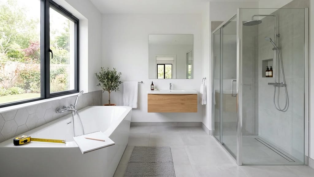 Bathroom with a tub and walk in shower, a tape measure and notepad ready, showing how to measure for a shower chair