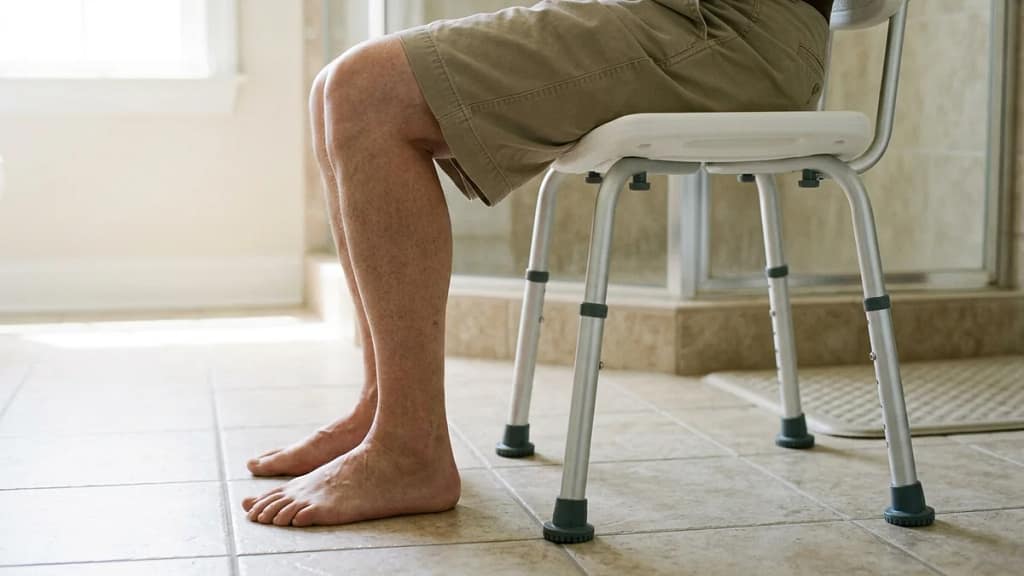 Side view of a seated person's legs on an adjustable shower chair with feet flat on the floor and knees bent near 90 degrees