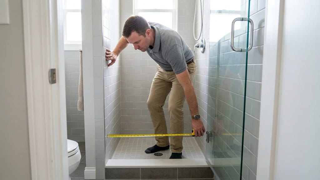 Man leaning into a compact walk in shower and stretching a tape measure across the tiled floor