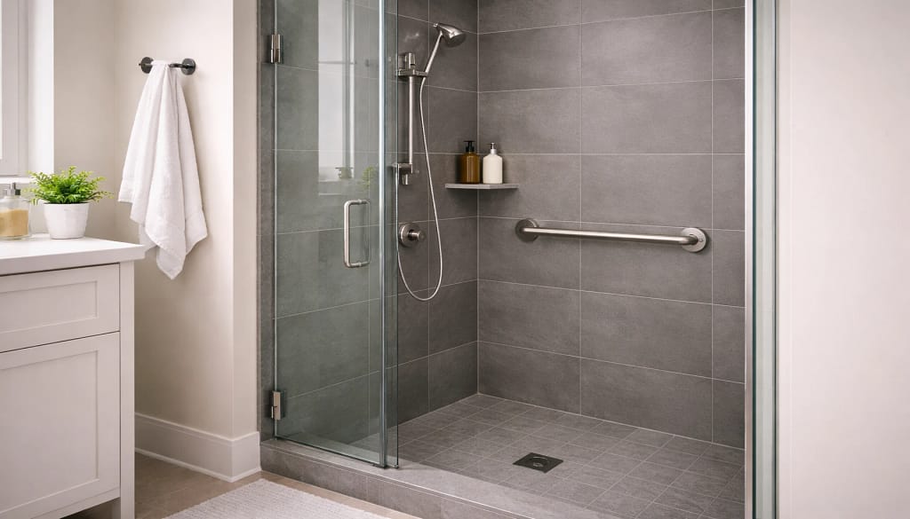 grab bar installed on slate tile wall inside a corner shower showing that grab bars can be installed without studs