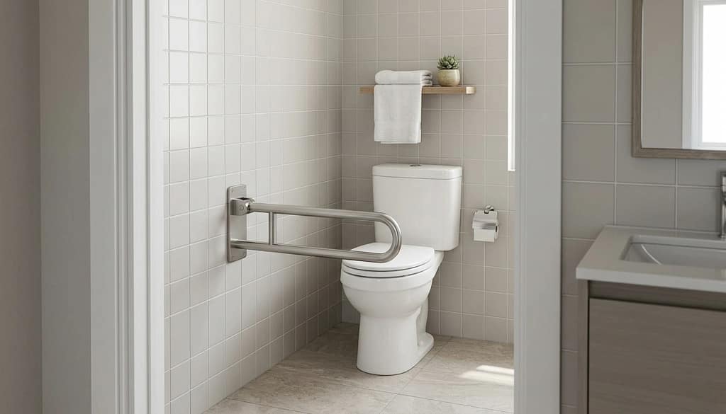 folding grab bars for bathrooms installed beside a toilet in the lowered support position