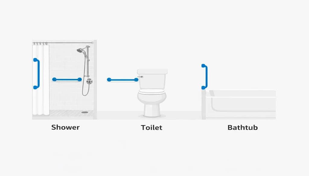 grab bar placement diagram showing typical grab bar locations in shower toilet and bathtub areas