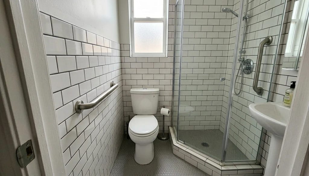 grab bars for small bathrooms installed in compact layout near toilet and shower
