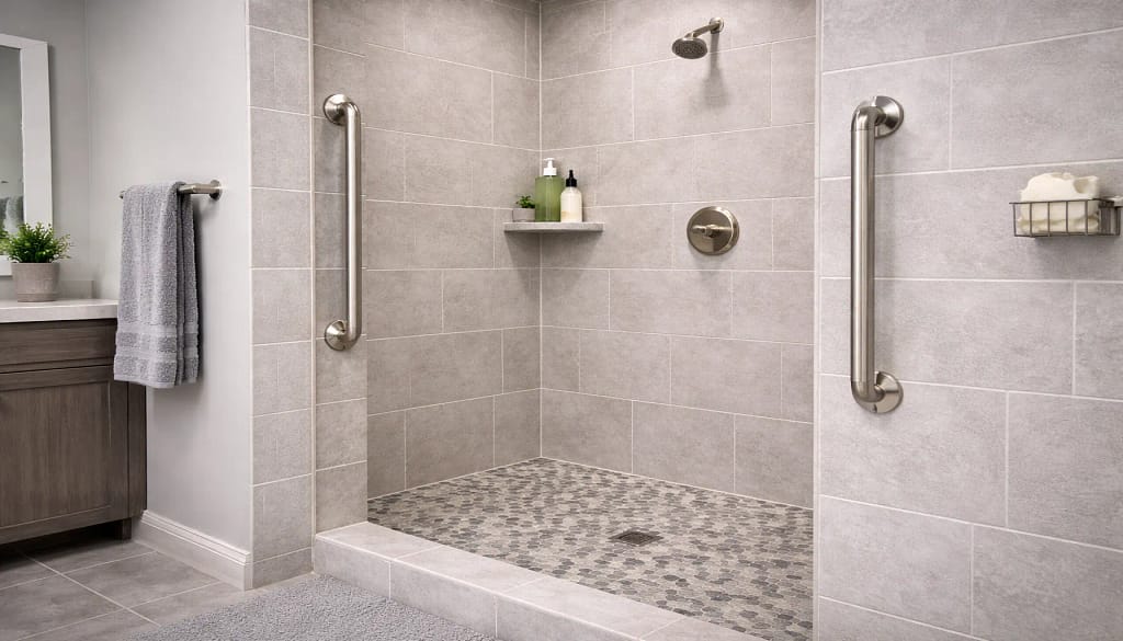vertical grab bars installed at shower entrance and side wall showing where to place vertical grab bars in a shower