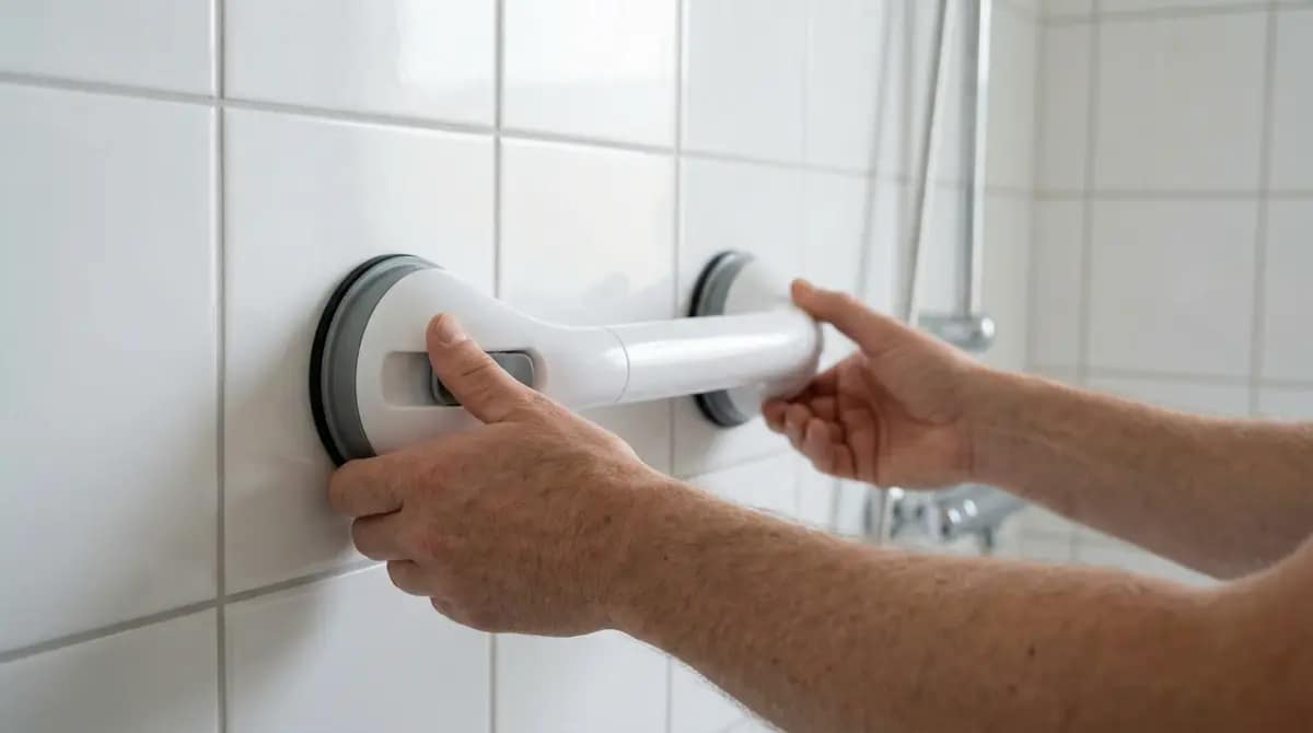 reinstalling suction grab bar on bathroom wall with both hands