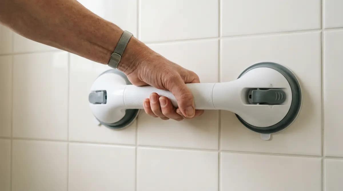 testing suction grab bar stability by pulling it with one hand