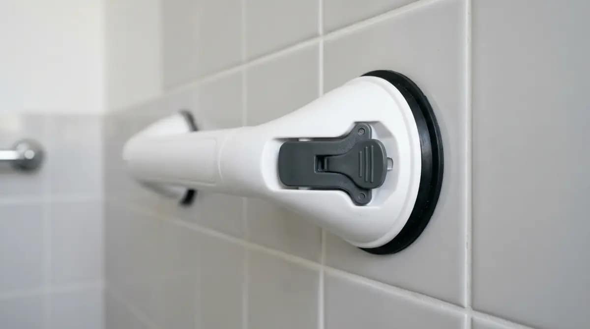 suction grab bar locking mechanism shown on tiled wall with realistic bathroom installation