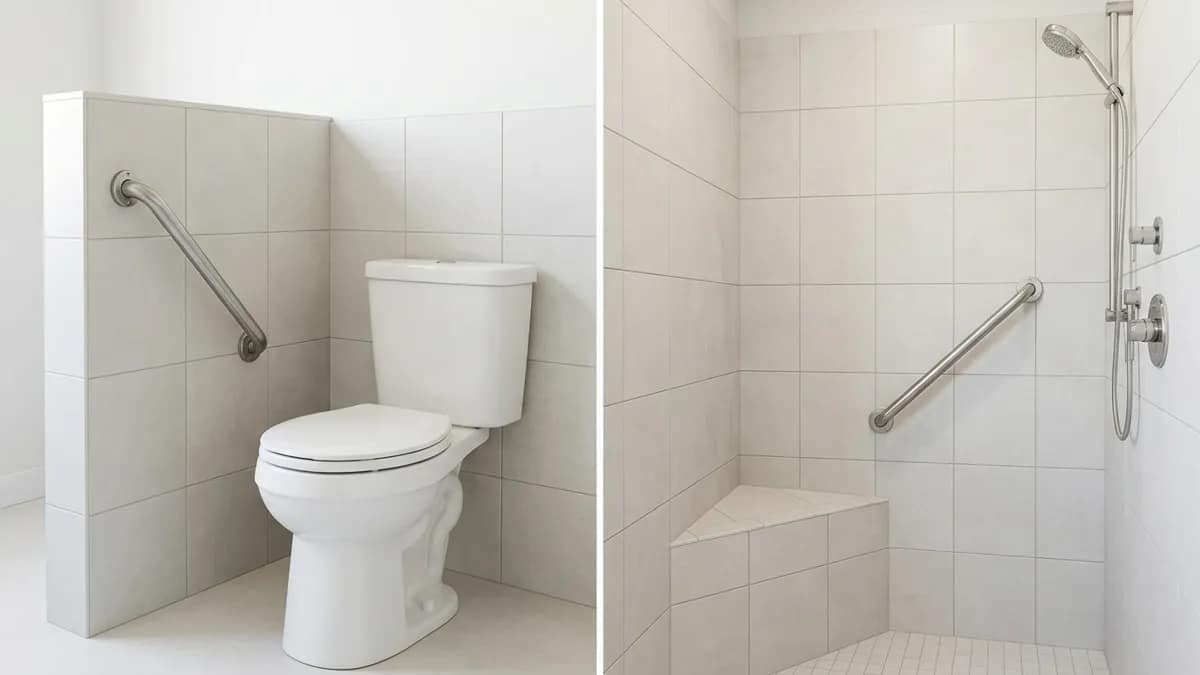 angled grab bars beside toilet and inside shower showing real life use cases