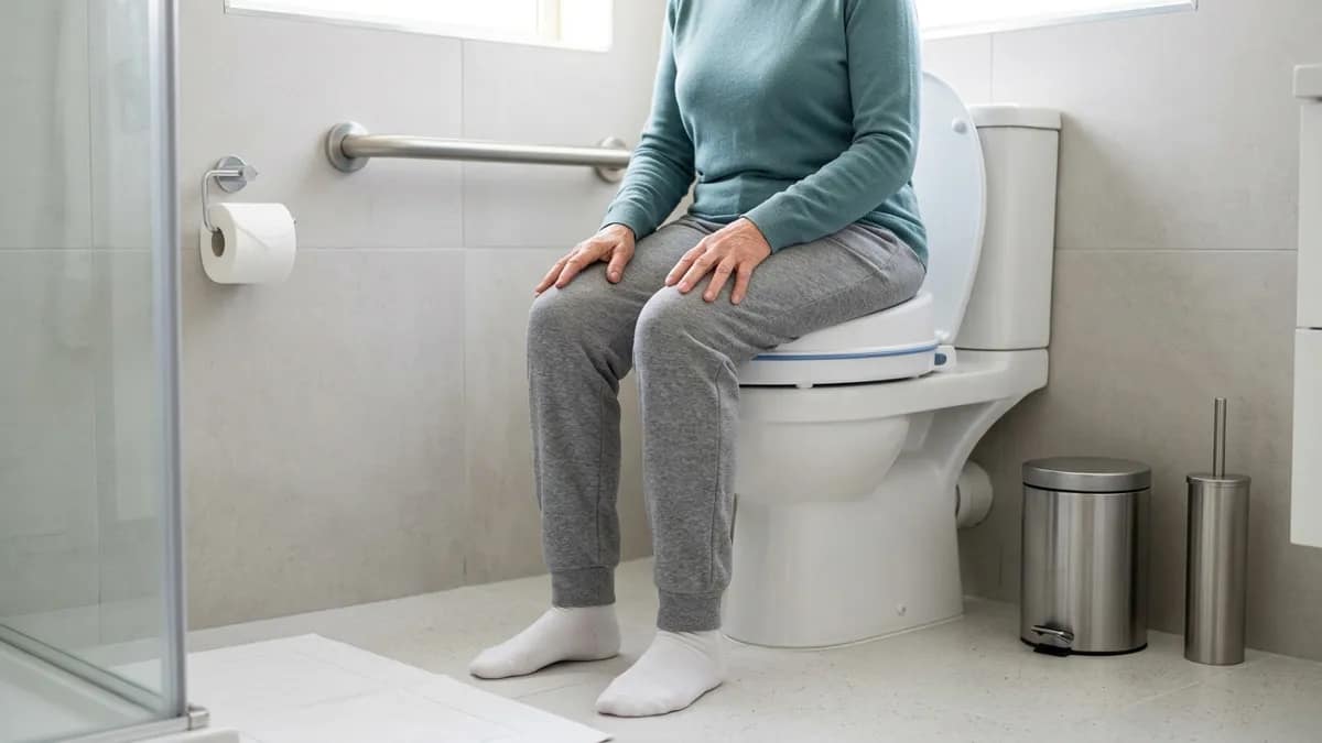 are raised toilet seats safe for seniors shown by a senior sitting comfortably and safely on a raised toilet seat with stable posture and feet flat on the floor
