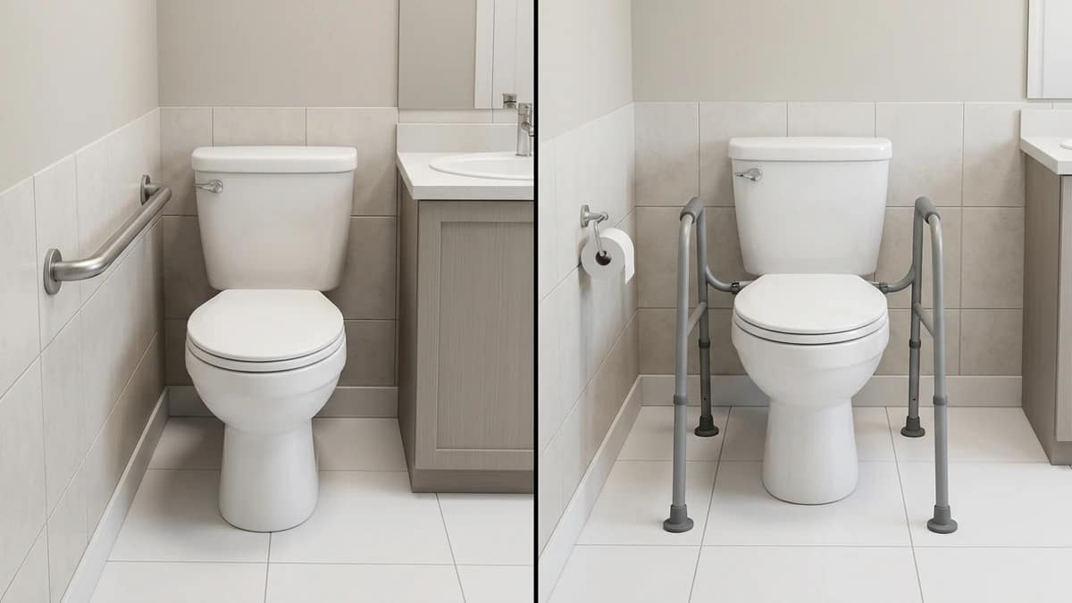 side-by-side bathroom layouts showing grab bar in tight space and safety frame in wider bathroom