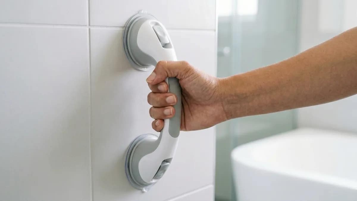 Best grab bars for renters shown as a suction grab bar installed on tile wall with hand gripping it