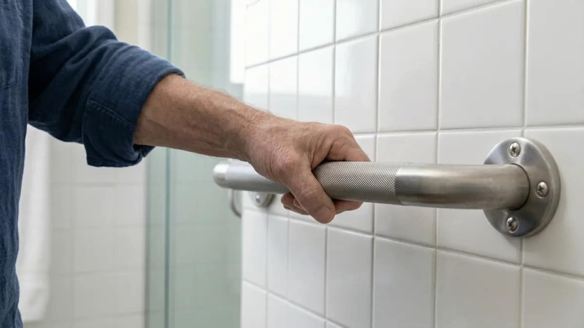 best heavy duty grab bars showing strong grip on stainless steel grab bar in bathroom