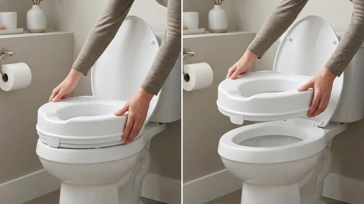 can raised toilet seats be removed easily shown by hands lifting a tool free raised toilet seat off a toilet without tools