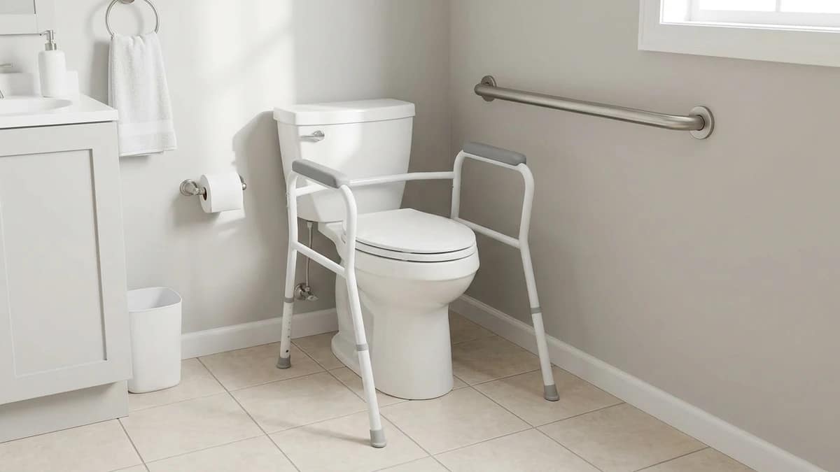 bathroom with both grab bar and toilet safety frame installed in a clean layout