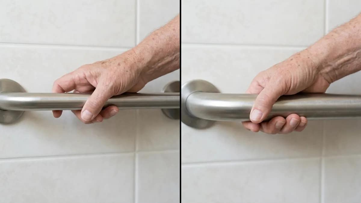 Comparison of thin vs thick grab bar showing easier grip for arthritis and weak hands