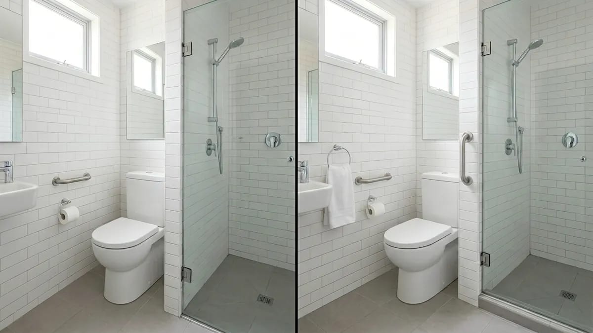 grab bar placement in small bathrooms showing toilet and shower entry options