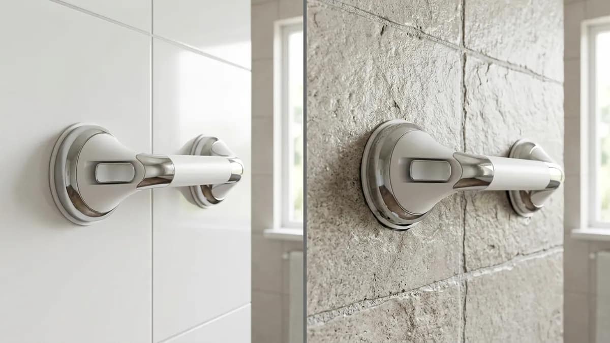 suction grab bars for renters showing proper installation on smooth tile vs poor seal on textured surface