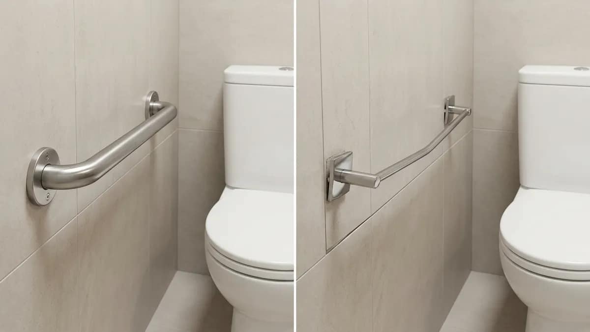 grab bars vs towel bars comparison showing secure grab bar and towel bar bending under pressure