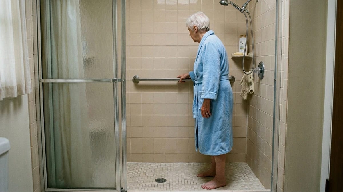senior standing in a shower holding a horizontal grab bar for balance