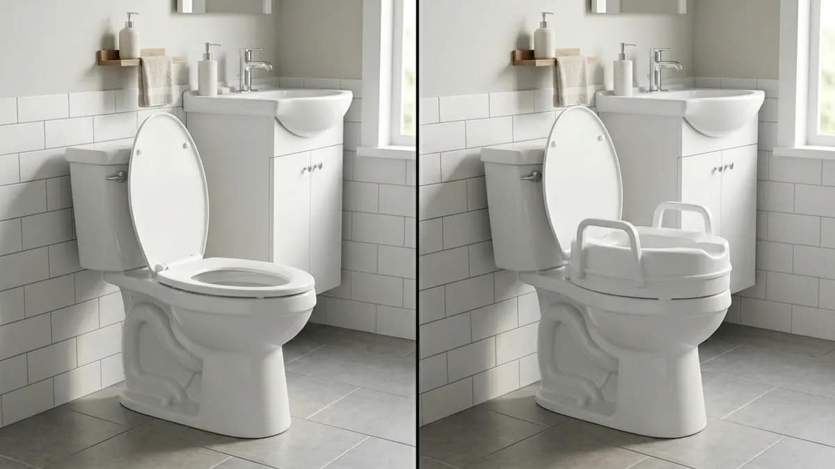 how much height does a raised toilet seat add shown by comparing a standard toilet and the same toilet with a raised toilet seat using a sink as a reference point