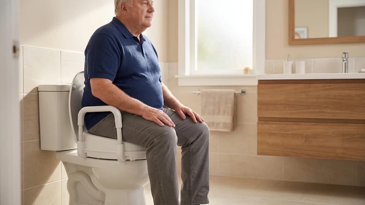 How much weight can a raised toilet seat hold: heavy man sitting safely on a raised toilet seat with handles in a home bathroom.
