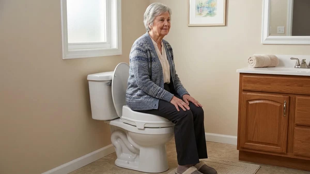 how to choose a raised toilet seat showing elderly person sitting comfortably on raised toilet seat