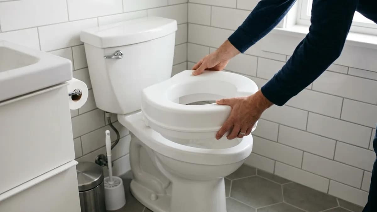 Hands positioning a raised toilet seat over a toilet bowl during installation, showing how to align it correctly before securing it