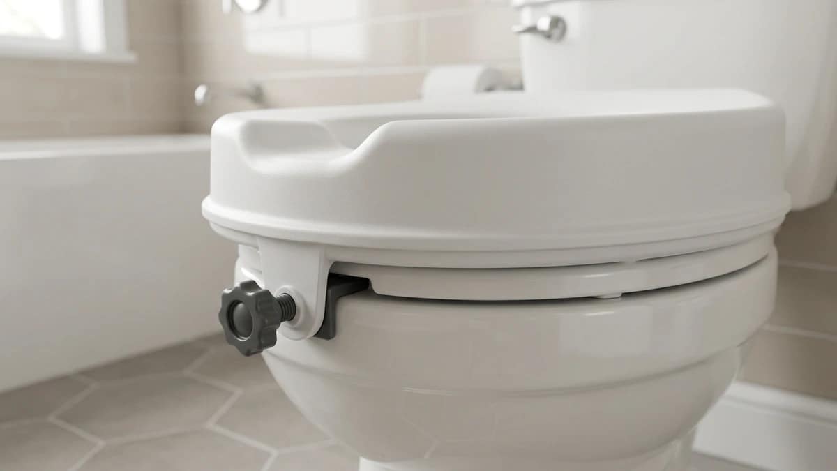 raised toilet seat clamp showing secure attachment and flush fit on toilet